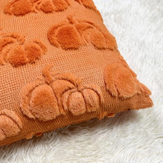 Booque Valley Pumpkin Pillow Covers Set of 2 Soft Plush Faux Fur Wool Fall Decorative Throw Pillowcases for Halloween Autumn Farmhouse Home Decor, 20 x 20 inch, Orange