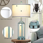 Farmhouse Lamps Set of 2, 26" Vintage Rustic Industrial Beside Lamps with USB A+C Charging Ports & AC Outlet, Nightstand Metal Lamp with LED Night Light & Fabric Shade for Living Room Bedrooms Blue