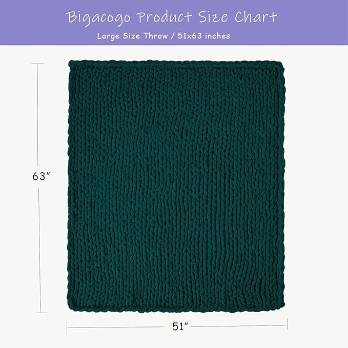 Bigacogo Chunky Knit Throw Blanket for Couch, 51x63 inches, 100% Hand Knitted with Thick Jumbo Chenille Yarn, Cozy Soft Large Rope Knot Cable Crochet Blankets for Sofa Bed Living Room, Dark Green