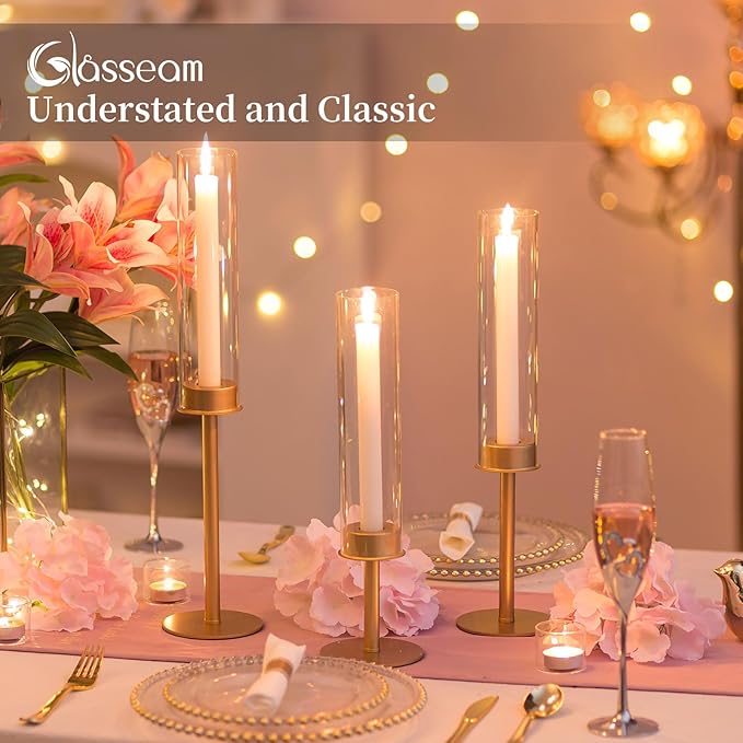 Glasseam Hurricane Glass Candlestick Holder, Set of 6 Matte Gold Candle Holders with Cylinder Chimney Rustic Tall Taper Candleholder for Table Centerpieces Wedding Dining Table Christmas Decoration