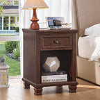 Farmhouse Side Table Set of 2 with Charging Station, Rustic Wood End Table with Drawer, Small Nightstands with Open Shelf for Bedroom, End Tables for Living Room, Walnut