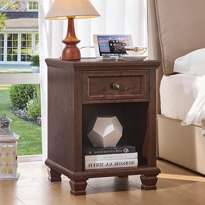 Farmhouse Side Table with Charging Station, Rustic Wood End Table with Drawer, Small Nightstand with Open Shelf for Bedroom, End Tables for Living Room, Walnut
