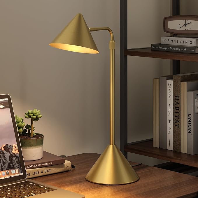 Metal Desk Lamp, 3000k Soft Light Modern Desk Lamp with Dimmer Switch, Adjustable Lighting with Swivel Arm Reading Lamp for Bedside Table, Office Desk, Task Light, Living Room(Gold)
