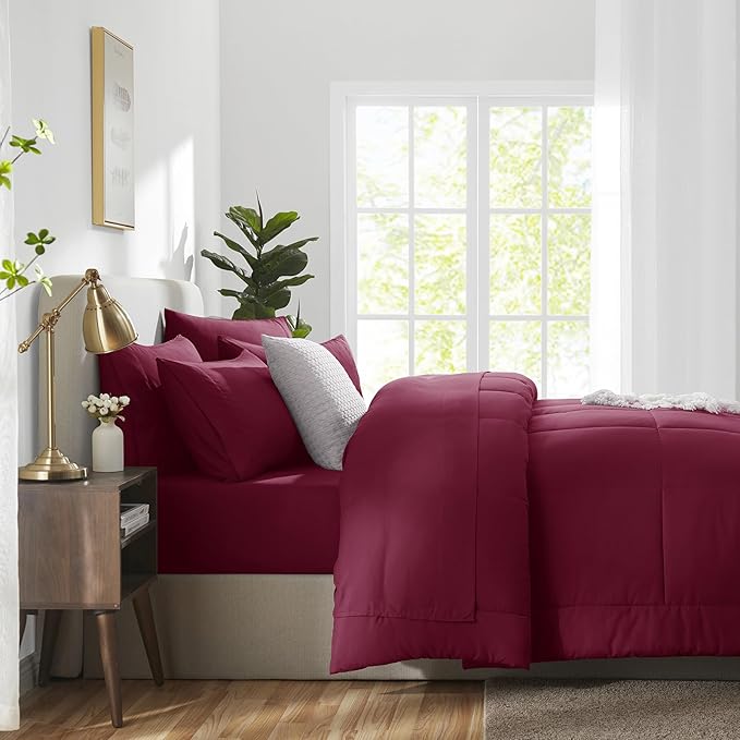 CozyLux King Size Comforter Set Burgundy, 7 Pieces Bed in a Bag, Red Comforter King Size, All Season Bedding Sets with Stitch Quilted Comforter, Flat Sheet, Fitted Sheet, Pillowcases