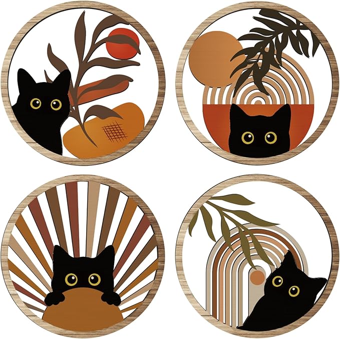 RETRART Boho Black Cat Wall Art Black Cat Room Decor Aesthetic, 4-Piece Farmhouse Geometric Wooden Cat Wall Decor Mid-Century Bohemian Moon Sun Design for Nursery, Bedroom Perfect Cat Lover Gifts