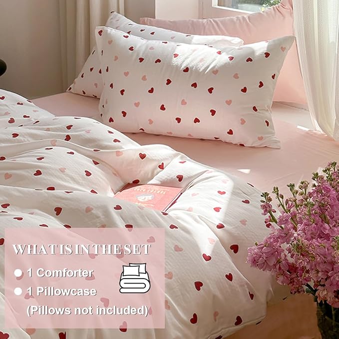 Girls Comforter Set Twin Size - 2 Pieces Red Pink Heart Comforter Bedding Sets for Kids,Twin Bed in a Bag with Heart Comforter and 1 Pillowcase