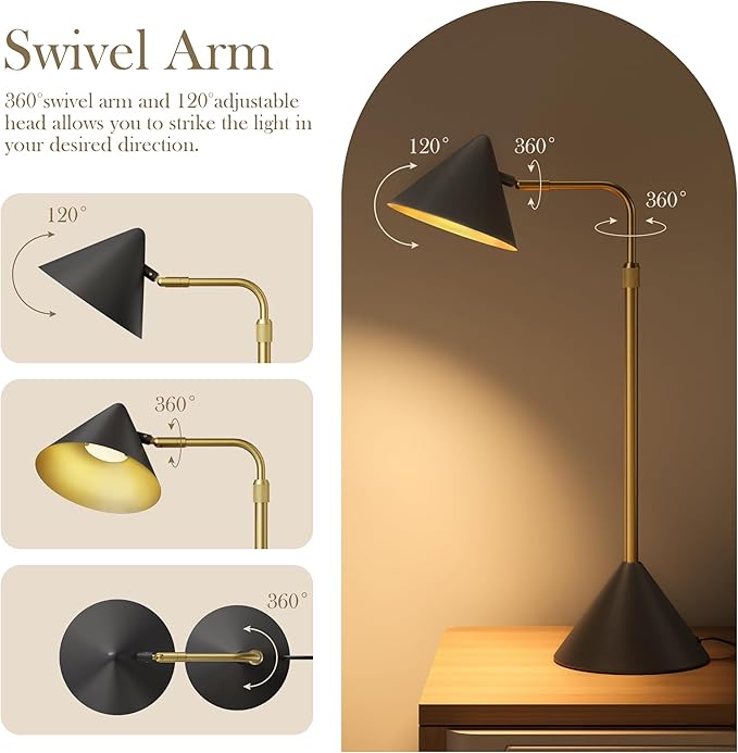 Metal Desk Lamp, 3000k Soft Light Modern Desk Lamp with Dimmer Switch, Adjustable Lighting with Swivel Arm Reading Lamp for Bedside Table, Office Desk, Task Light, Living Room(Black&Gold)
