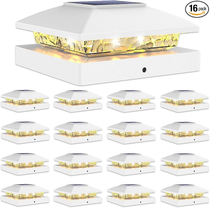 VOLISUN 4x4 Solar Post Cap Light 16pack,Solar Fence - Cap Lights Outdoor Waterproof for Wooden/Vinyl Post, White Deck Post Light Solar Powered with Warm White for Garden/Patio/Porch