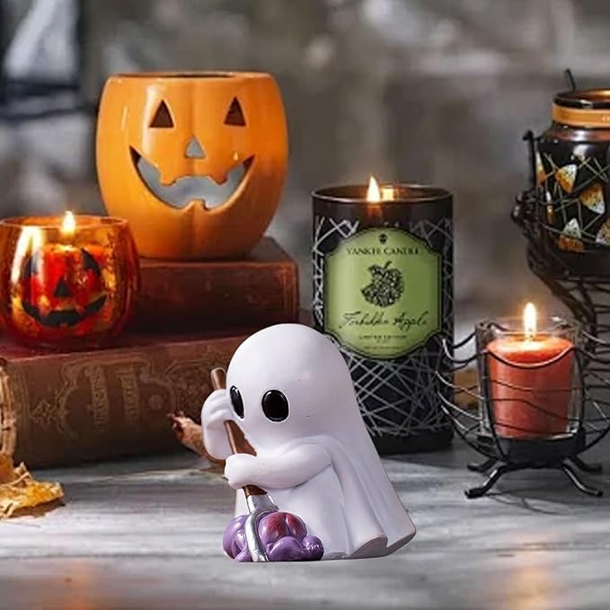 Halloween Ghost Figurine with Holding Fork, Funny Mini Resin Ghost Statue Halloween Decor for Bookshelf, Terrace, Bedroom,Porch and Tabletop