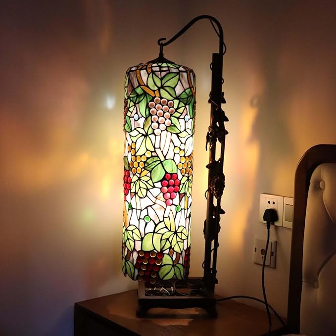 Bieye L10399 Grapes Tiffany Style Stained Glass Long Cylinder Table Lamp, Floor Lamp, 33-inch Tall