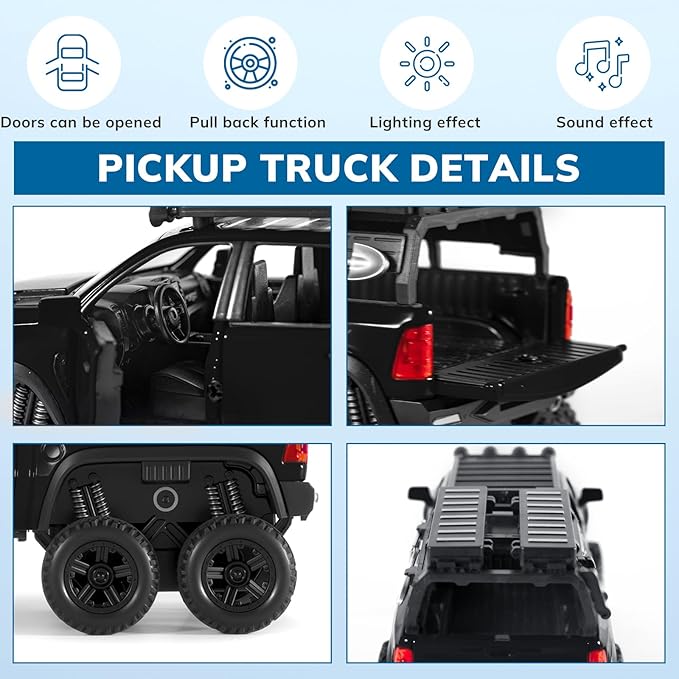 Toy Trucks for Boys 1/32 Diecast Trucks Mammoth Model Truck,Collectible Pickup Truck Model Kit,Pull Back Cars with Lights and Sounds,Toy Trucks for Boys Age 4-7（Black）