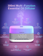 Versatile Essential Oil Diffuser, 300ml Aroma Diffuser with Bluetooth Speaker and Alarm Clock, 7 Colors LED Light Aromatherapy Diffusers & Cool Mist Humidifier 3-Level Brightness, Auto-Off Protection
