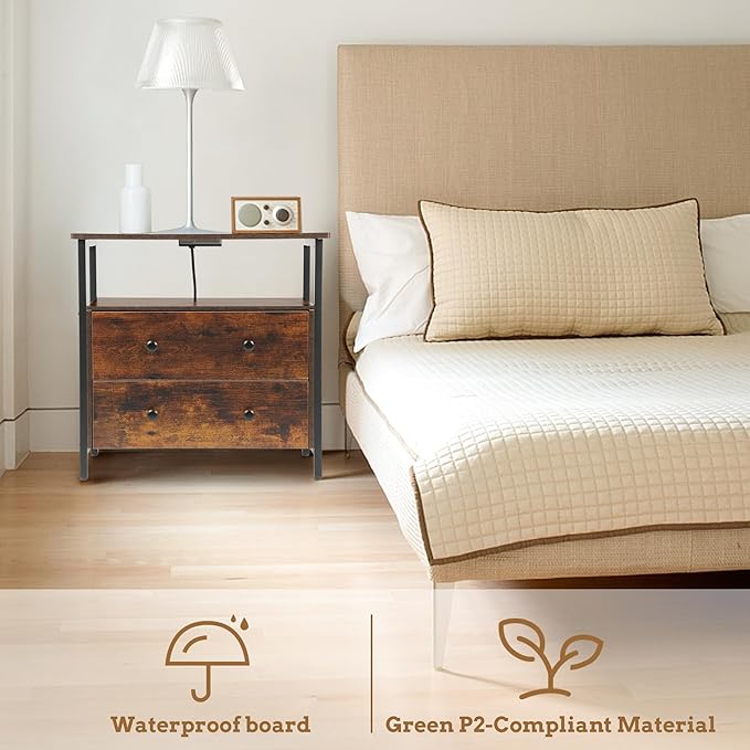 27 inch Wide Night Stand Set 2 with Charging Station, Bedside Table with Open Shelf, 2 Drawers Small Wood Dresser, Modern Wood Nightstand for Bedroom/Living Room (Rustic Brown)