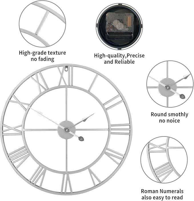 Wall Clock For Living Room Decor - 24 Inch Silent Non-Ticking Decorative Large Wall Clock, Battery Operated Vintage Retro Roman Numerals Metal Silver Wall Clock for Farmhouse, Kitchen, Bedroom Office