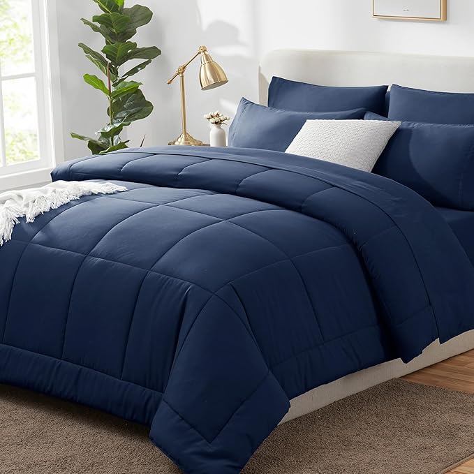 CozyLux Oversized King Comforter Sets Navy Blue, 7 Pieces Bed in a Bag, Ultra-Soft All Season Bedding Sets with Stitch Quilted Comforter, Flat Sheet, Fitted Sheet, Pillowcases, Navy Blue
