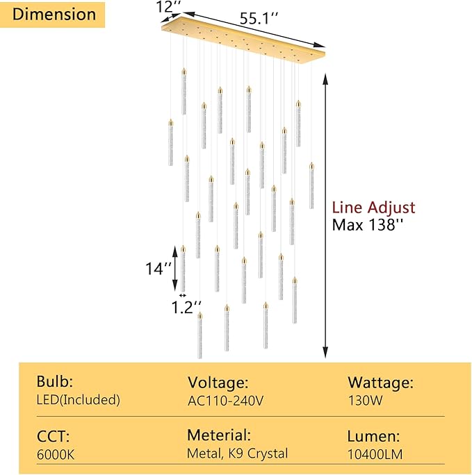 Rectangular Chandeliers 26-Lights Long Light for Entryway LED Dimmable Chandeliers Lighting Fixture Flat Sloped High Ceiling Pendant Lights Crystal for Living Room Foyer Hallway Staircase Gold