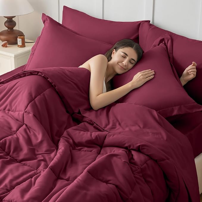 JOLLYVOGUE California King Comforter Set, Ultra-Soft Bed in a Bag Cal King Size 7 Pieces, Oeko-TEX Certified Bedding Set with Down Alternative Comforter, Sheets, Pillowcases & Shams, Burgundy