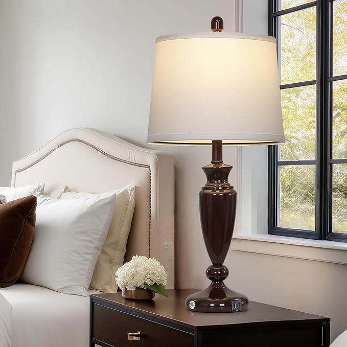 27'' Brown Living Room Lamps Set of 2, 3 Way Touch Control Table Lamps with USB A+C Ports, Modern Bedside Lamps, Elegant Metal Nightstand Lamps for Bedroom Office End Table Decoration