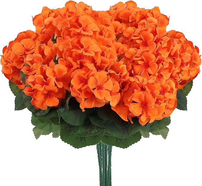 Hananona 6 Pcs Artificial Geranium Flowers for Outdoors Geranium Silk Orange Flower Outdoor UV Resistant Patio Plants Faux Autumn Flowers for Fall Home Kitchen Table Centerpieces (6, Orange)