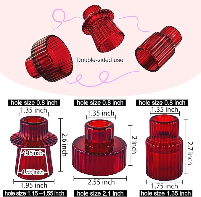 Double Sided Vintage Ribbed Taper Glass Candle Holders,Tea Candle Holder for Table Centerpieces, Wedding Decorations and Dinner Parties (Red, 6 PCS)