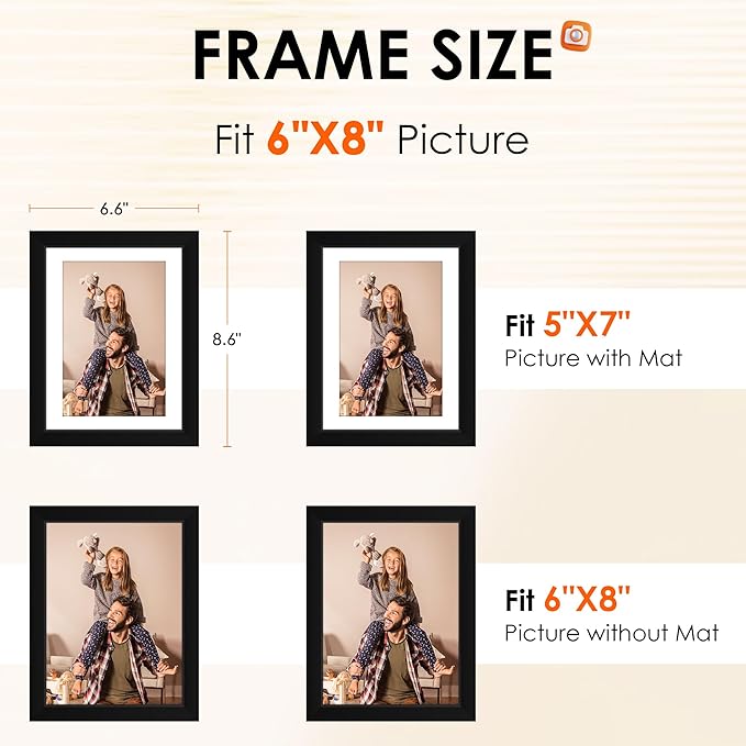FIXSMITH 6x8 Picture Frame Set of 4, Photo Frame with HD Plexiglass, Display Pictures 5x7 with Mat or 6x8 Without Mat Multi Picture Frames Collage for Tabletop or Wall Display, Black
