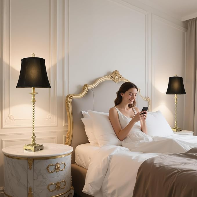 33'' Tall Vintage Table Lamp Set of 2, Candle Stick Buffet Lamps with Gold Leaf Finish and Black Linen Shades, 3-Way Dimmable Bulbs Included, Nightstand Lamps for Living Room Bedroom Dinning Entryway