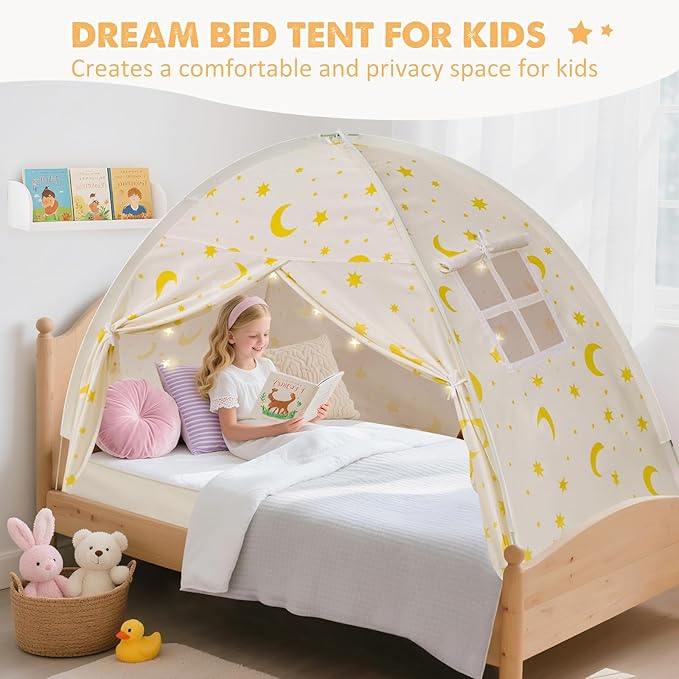 Twin Bed Tent for Kids, Twin Size Bed Canopy with Star Lights, Privacy Space Blackout Sleeping Tents, Indoor Breathable Portable Bunk Bed Tent for Boys and Girls, Light Moon & Stars