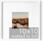 HAUS AND HUES 10x10 White Metal Picture Frame Matted to 5x5 - Features Vertical & Horizontal Hanging, Shatterproof Plexiglass - Ideal for Home, Room, Office (10x10 in, White, Set of 1)