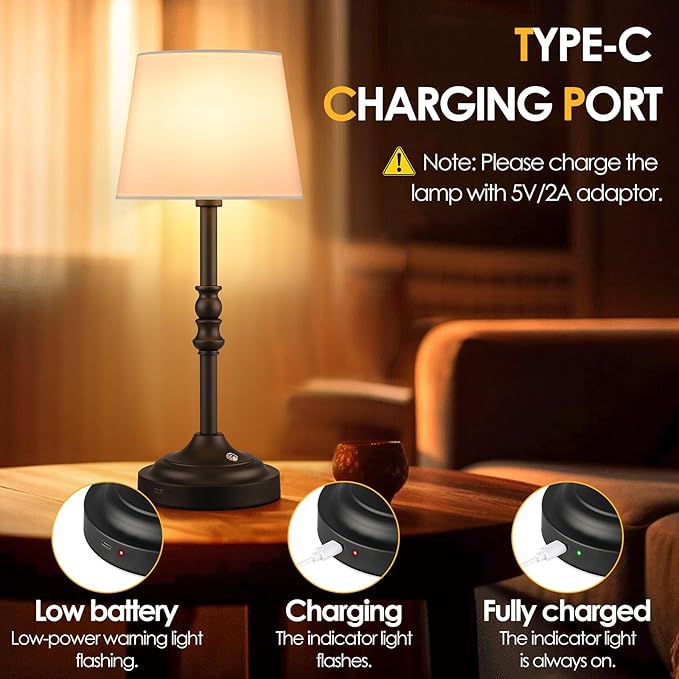 GGOYING Set of 2 Rechargeable Cordless LED Table Lamps, 4-Level Dimmer, Black Portable Desk Lamps with White Fabric Shades, Night Light for Dining, Bedroom and Patio