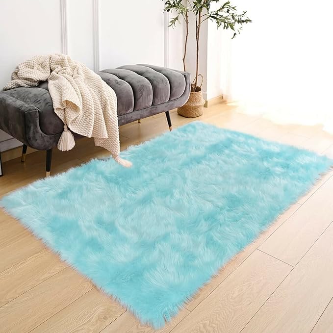 Latepis High Pile Faux Fur Area Rug, 4x6 ft, Light Blue, Living Room, Bedroom Decor, Washable, Fluffy, Luxury Home Decor