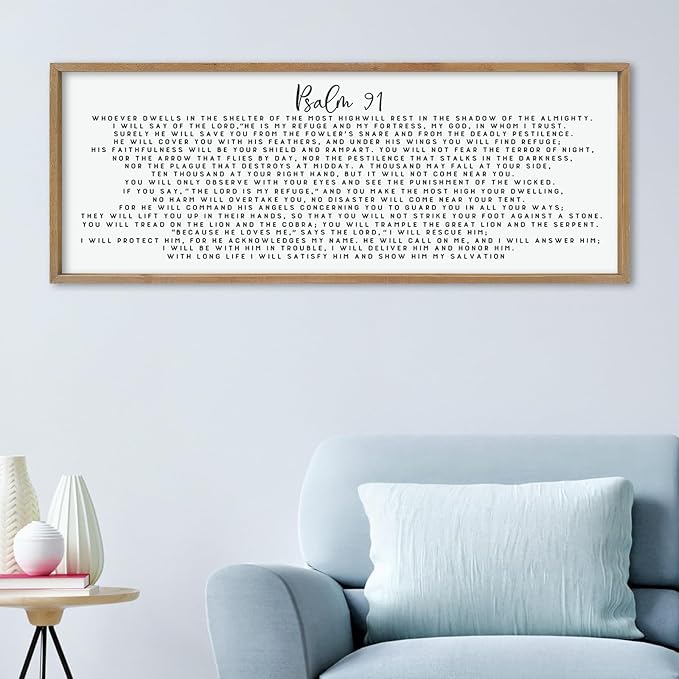LuZhiQiang Psalm 91 Wall Decor Art 40"×15" Bible Verse Sign for Family Bedroom Christian Large Wood Framed Wall Hanging (Wood)