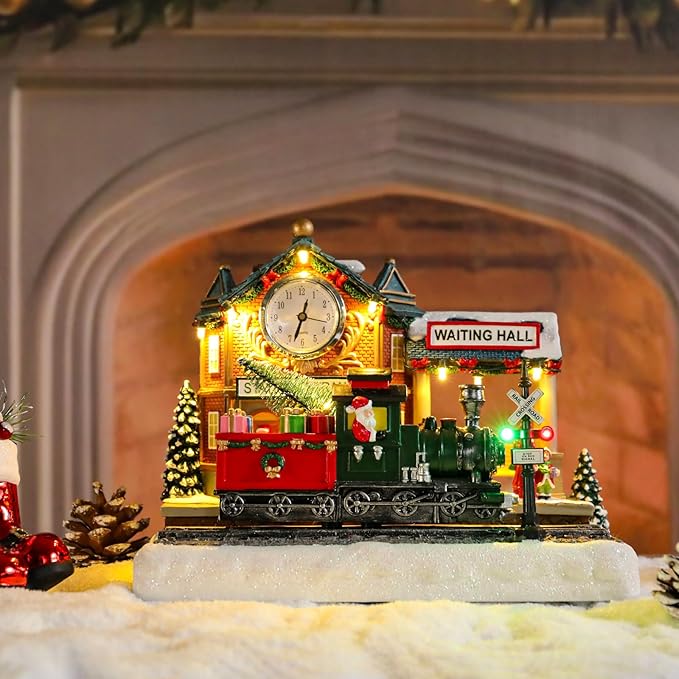 Bdor Christmas Train Station Decoration – Lighted Animated Holiday Village Scene with Train, Clock Tower & Waiting Hall – Plug-in Resin Christmas Tabletop Ornament – 9.8"x5.5"x7.9"