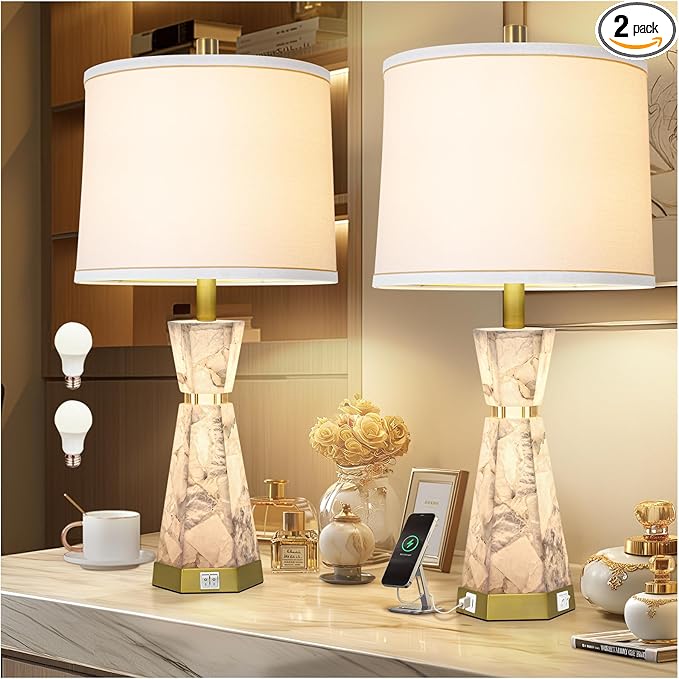 Natural Alabaster Table Lamp,Living Room Lamps Set of 2,Nightstand Lamp with Night Light,Lamps for Living Room With Linen Fabric Shade,Bedside Lamp with Usb A+C Ports for Bedroom,Hotel(Bulb Included)