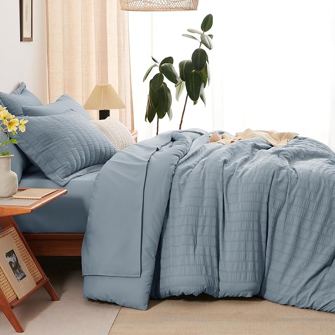 CozyLux Grayish Blue Queen Comforter Set Seersucker 7 Pieces Dusty Blue Bed in a Bag Queen Comforter Set with Sheets, Luxury Bedding Set with Down Alternative Comforter, Sheets, Pillowcases & Shams
