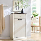 Modern Tilt-Out Trash Can Cabinet, 10 Gallon Fluted Laundry Hamper Cabinet with Drawers, Wooden Hidden Garbage Can Cabinets with Storage Basket, Free Standing for Kitchen and Living Room, White