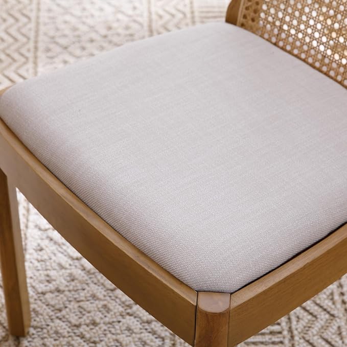 Mid Century Dining Chairs Set of 4, Accent Rattan Linen Fabric Side Chairs Kitchen Chair with Solid Wooden Legs for Living Room Dining Room, Beige