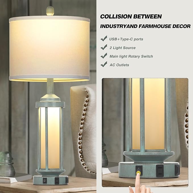 Farmhouse Table Lamps for Living Room, 27" Vintage Rustic Beside Lamp Set of 2 with USB A+C Charging Ports & AC Outlet, Retro Nightstand Lamp with Fabric Shade for Bedroom Entryway(4 Bulbs Included)