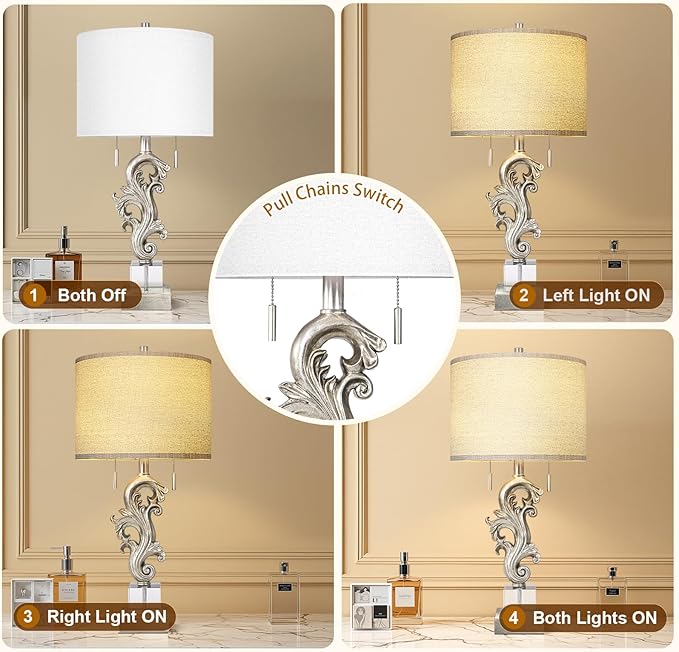 Scenekoy Vintage Table Lamp Set of 2 for Bedroom Living Room, 26.75” Silver Leaf Sculptural Night Stand Bedside Lamps with USB Ports, Rustic Nightstand Lamp Line Shade for Home Decor (Bulbs Included)