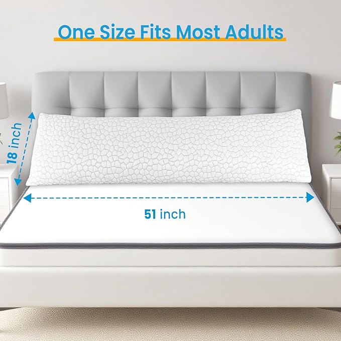 QUTOOL Luxury Cooling Body Pillows for Adults, Adjustable Loft Shredded Memory Foam Full Body Pillow, Long Pillow for Bed with Removable Double-Sided Soft & Cool Cover, White (18"x51")