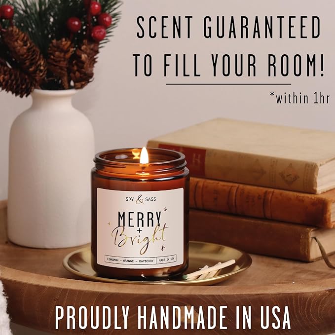 Christmas Candles Scented – ‘Merry & Bright’ Soy Christmas Candle, w/Cranberries, Cinnamon & Orange - Infused with Essential Oils I Holiday Candles I 9oz, 50Hr, Made in USA
