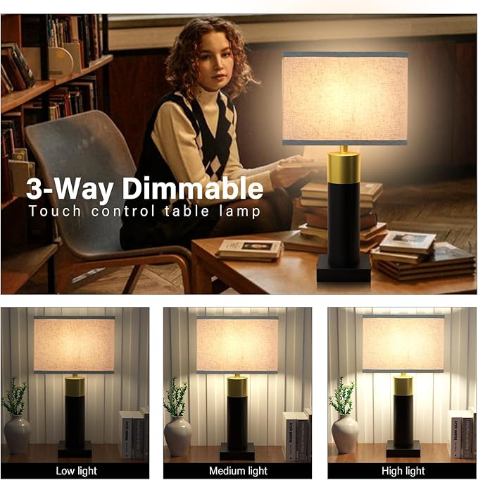 Touch Table Lamp for Bedroom 3 Way Dimmable 22''Bedside Lamp with USB A+C Nightstand Lamp for Living Room Office and Hotel Bulb Included