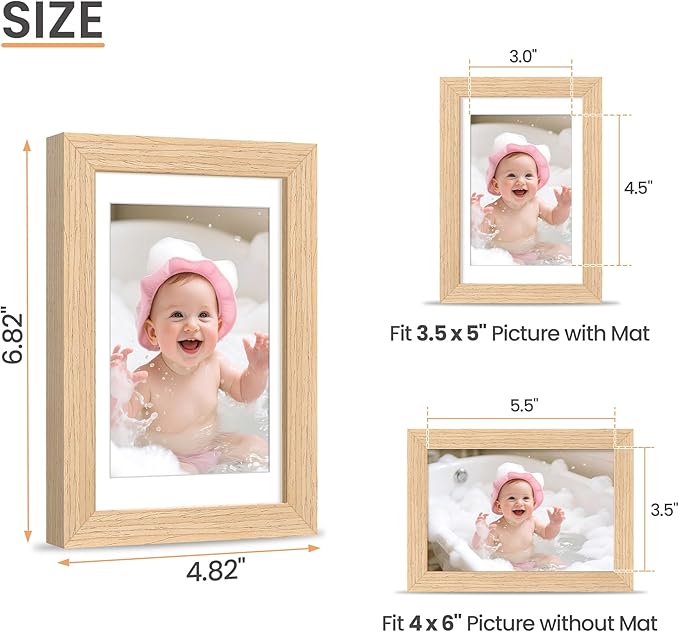 upsimples 4x6 Picture Frame, Natural Solid Wooden Picture Frames, Display 3.5x5 with Mat or 4 x 6 Without Mat, Wall or Tabletop, 1 Pack, Natural