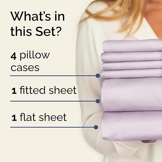 Queen Sheets Set 6 Piece - Includes 4 Pillowcases - Bed Sheets Queen Size - Soft Hotel Luxury Bedding - Cooling, Comfy & Breathable - 1 Flat & 1 Fitted & 4 Pillowcases w/ Deep Pockets - Light Lavender