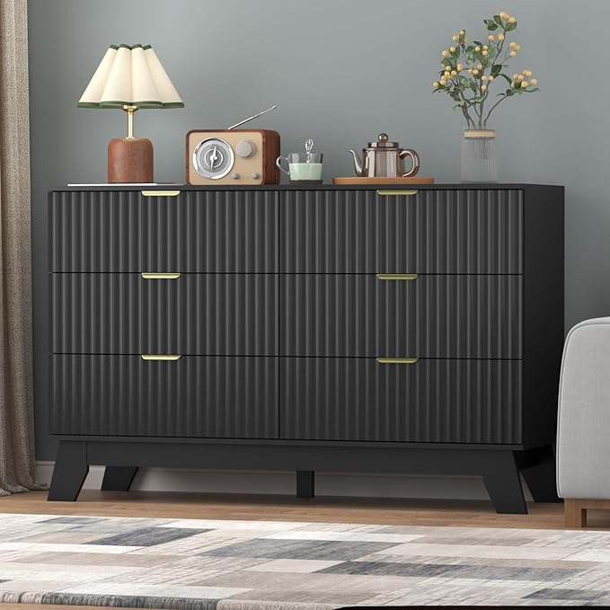 Fluted Dresser for Bedroom,6 Drawer Dresser for Closet,Storage Cabinet and Chest of Drawers with Gold Handle,TV Stand,Storage Organizer for Living Room,Hallway,Entryway,Black