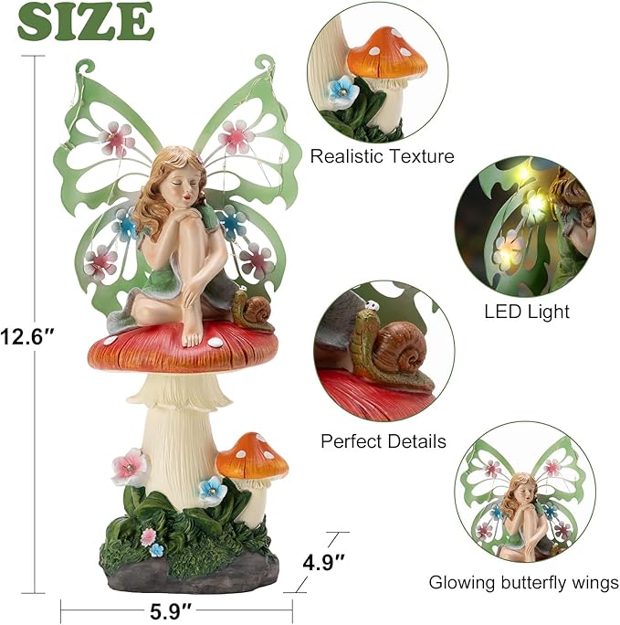 Solar Fairy Garden Decor Flower Fairies Mushroom Figurines with Snail Decor Gifts for Women Mom Miniature Fairy Figurine for Lawn Garden Patio Yard Decorations Outdoor Statue