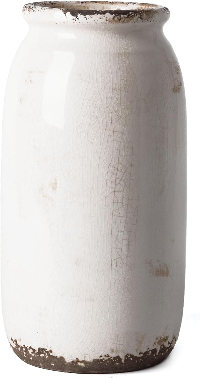 VICTOR & TERESA Rustic Large White Vase for Home Decor, 10'' Tall Ceramic Vases for Flowers, Farmhouse Decorative Vases for Pampas Grass, Table, Mantel, Living Room, Centerpieces