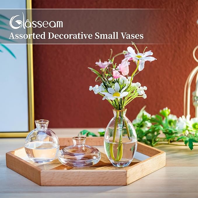 Glass Bud Vase for Centerpieces: 12Pcs Glasseam Gold Rim Mini Small Vases for Flowers Bulk Flower Vase Set Aesthetic Cute Handmade Tiny Short Wedding Table Centerpiece Decor