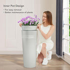 KOL 28'' Tall Galvanized Steel Planter Pot - Flower Pot with Water Level Indicator for Plants - 2-Pack Self Watering Planters - Round Silver Powder Metal Planter Box - Indoor Outdoor Grande Plant