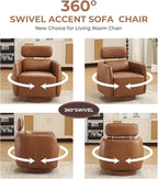 Modern 360° Leather Swivel Accent Chair with Adjustable Headrest, Chenille Accent Chair for Living Room, Vanity Chair for Makeup, Swivel Barrel Chair with Lumbar Pillow, Comfy Barrel Armchair, Camel