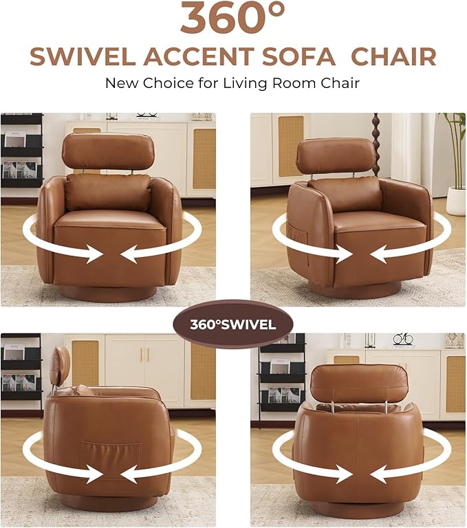 Modern 360°Swivel Accent Chair Set of 2 with Adjustable Headrest, Round Swivel Barrel Chairs with Lumbar Pillow, Vanity Chair for Makeup, Comfy Living Room Armchair for Living Room, Bedroom, Camel